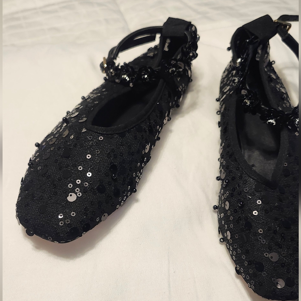 Brand New J. Crew Black Sequin Flats with Beaded Ankle Strap